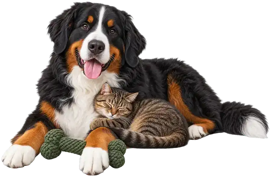 Berner Sennenhund und Tigerkatze kuscheln